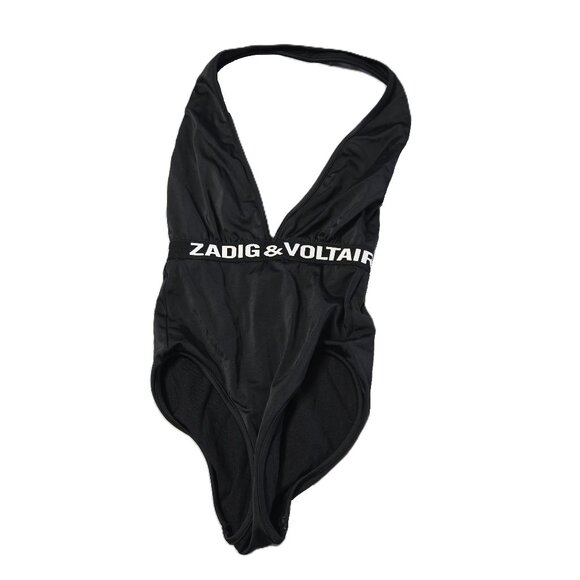 Zadig & Voltaire Sz 4 Womens Black Logo Halter One Piece SwimSuit - Picture 1 of 3
